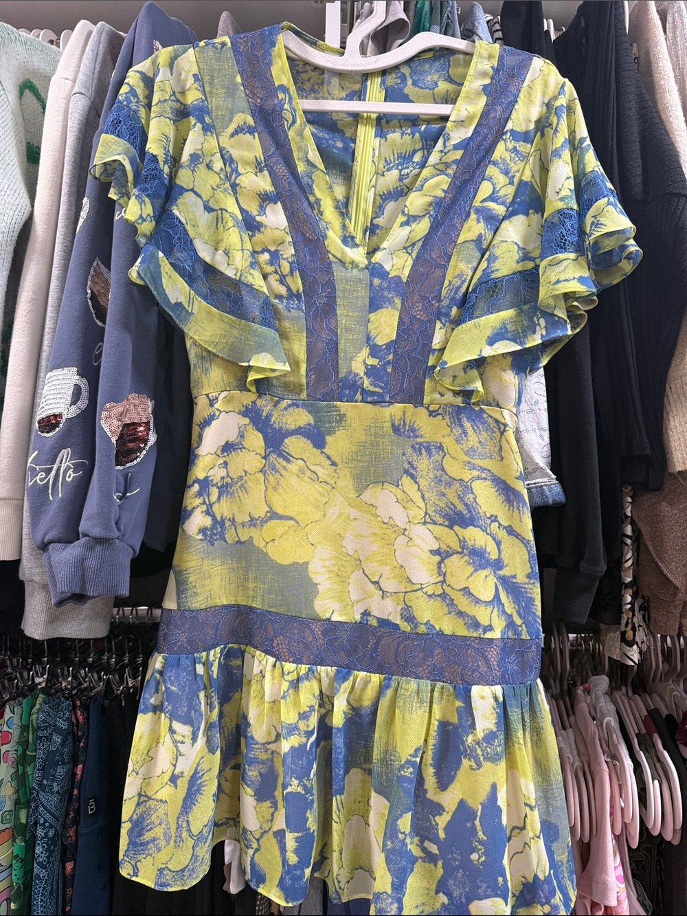 BCBGMaxAzria Blue and Yellow Floral V-Neck Ruffle Mini Dress